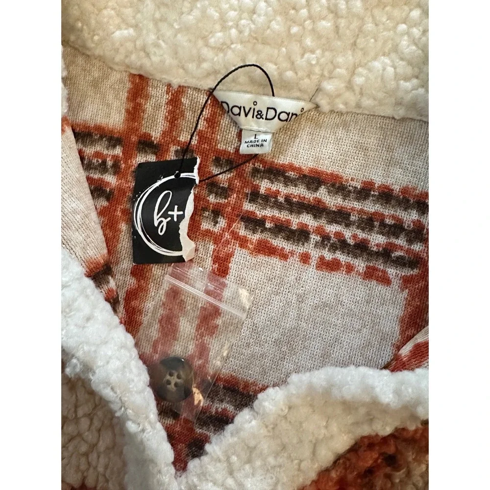 Davi & Dani Plaid Sherpa Shacket Womens Large Orange Cream Fleece Button Jacket - Picture 2 of 2